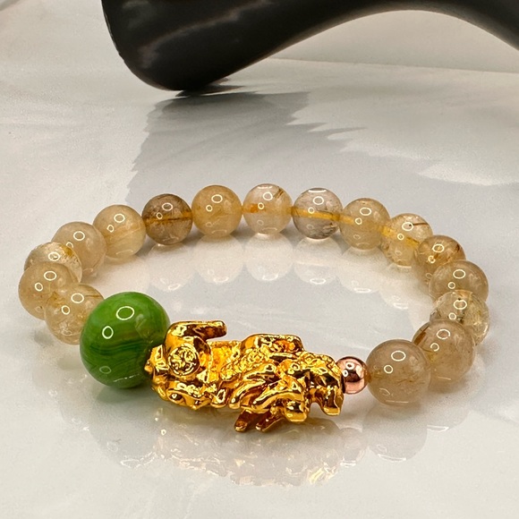 GOLD RUTILANT + GOLD PIXIU  NATURAL BRACELET size 7” - Picture 7 of 12